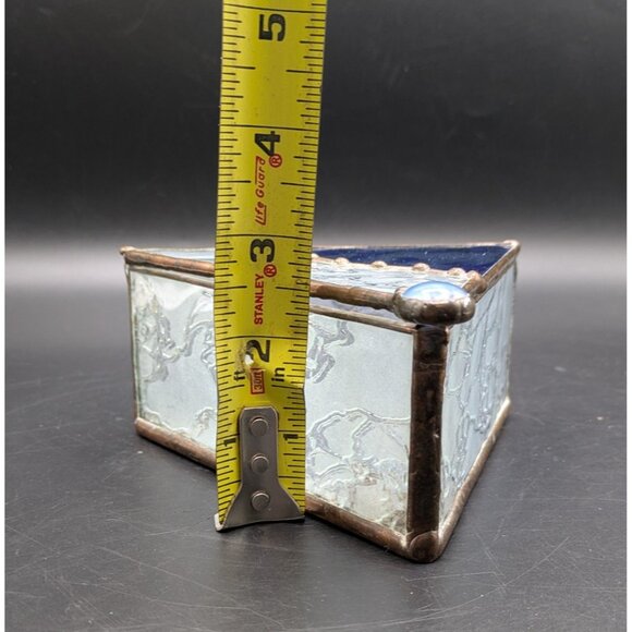 Vtg Leaded Glass Triangle Trinket Jewelry Box Clear Blue Hinged Lid Mirror 5.5" - Picture 8 of 8